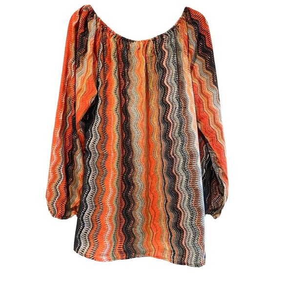 Fashion Fuse Boho Keyhole Flowy Long Sleeve Blouse Orange‎ Navy Size 1X - Picture 6 of 8